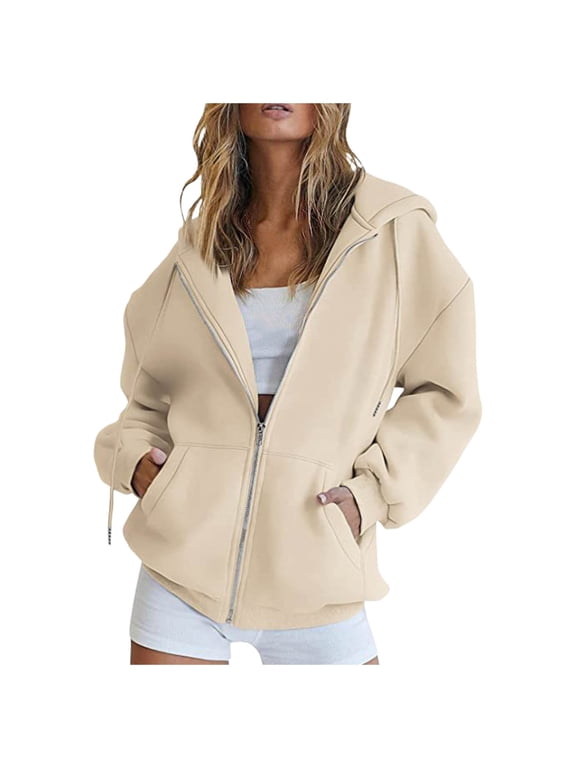 Women's Long Sleeve Full Zip Up Hoodies Drawstring Casual Sweatshirt Hooded Tops Solid Spring Fall Clothes (Beige, L)