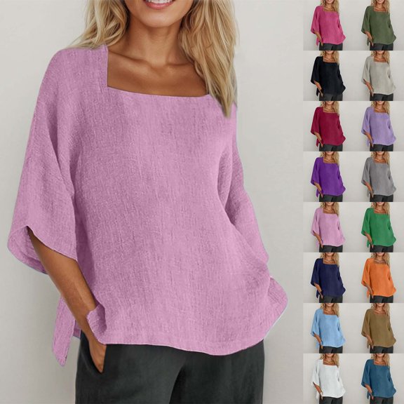 Letdown Women's Loose Fit Square Neck Short Sleeve Blouse, Solid Color Casual Summer Vacation Top (Pink,L)