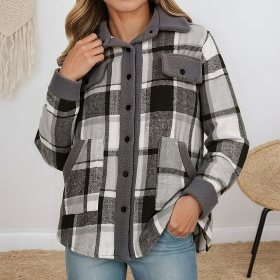 Letdown Women's Mid-Length Buffalo Plaid Shacket Jacket Long Sleeve Button Down Shirt Coat Tops with Pockets Fall Winter Fashion Shacket Coats (Dark Gray,XXL)