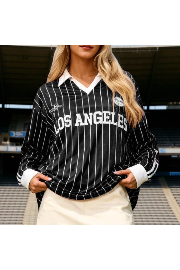 Women's Oversized Tees Striped Letter Print Y2k T Shirt Collar V Lapel Neck Long Sleeve Loose Tops (Black,M)