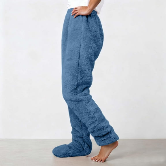 Letdown Women's Plush Footed Pajama Pants - Comfy Soft Winter Lounge Trousers Bottom (Blue,S)