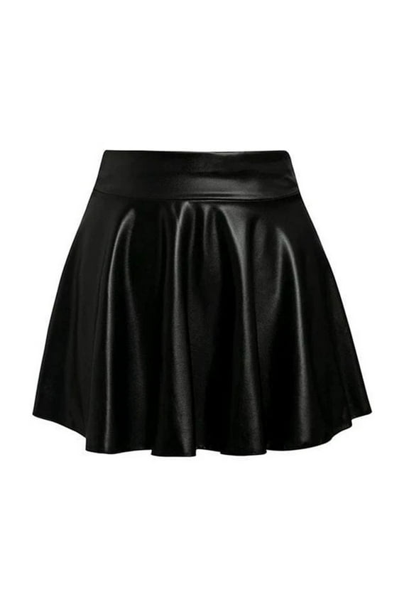 Women's Pu Leather Skort Elastic High Waist Skorts Ruffle Hem Casual Flared Pleated Skirt Shorts Flared Pleated A Line Mini Skirts