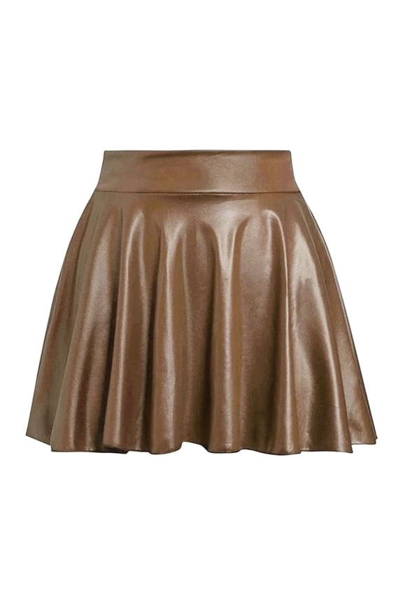 Women's Pu Leather Skort Elastic High Waist Skorts Ruffle Hem Casual Flared Pleated Skirt Shorts Flared Pleated A Line Mini Skirts