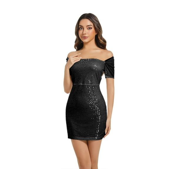 Letdown Women's Sequin Halter Bodycon Backless Ruched Spaghetti Strap Mini Club Party Dresses Off Shoulder Ruched Night Out Club Dress (Black, L)