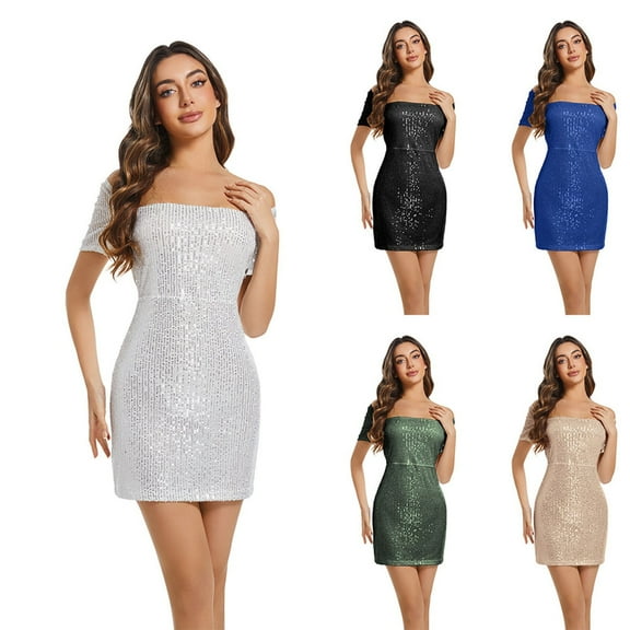 Letdown Women's Sequin Halter Bodycon Backless Ruched Spaghetti Strap Mini Club Party Dresses Off Shoulder Ruched Night Out Club Dress (White, XXL)