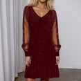 thumbnail image 1 of Letdown Women's Sparkly Ruched Bodycon Mini Dress Sheer Mesh Bell Long Sleeve V Neck Short Club Party Dresses (Red,M), 1 of 5