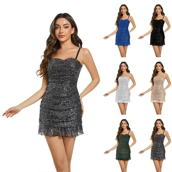 Letdown Women's Sparkly Ruched Bodycon Mini Dress Spaghetti Strap Ruched Bust Mardi Gras Day Clothes (Black, M)