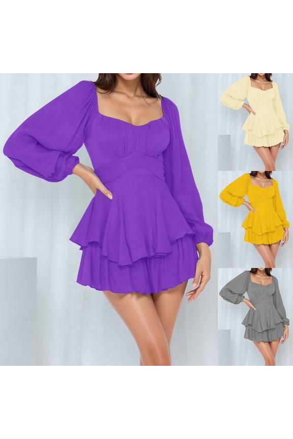 Women's Square Neck Long Sleeve Lace-Up Waist Rompers Lantern Sleeve Ruffle Jumpsuit Double Layer Ruffle Hem Romper 2026 Trendy (Purple,XXL)