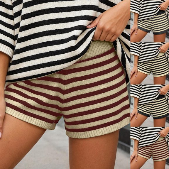 Letdown Women's Striped Low Rise Mini Shorts Elastic Waist Knit Skinny Shorts Y2k Low Rise Color Block Knit Lounge Bottoms (01-Red,One Size)