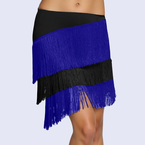 Letdown Women's Tassels Fringe Latin Dance Skirt 3 Tiered Tassel Elastic Waist Modern Ballroom Salsa Tango Samba Rumba Dancewear Ballroom (Blue-1,XXXL)