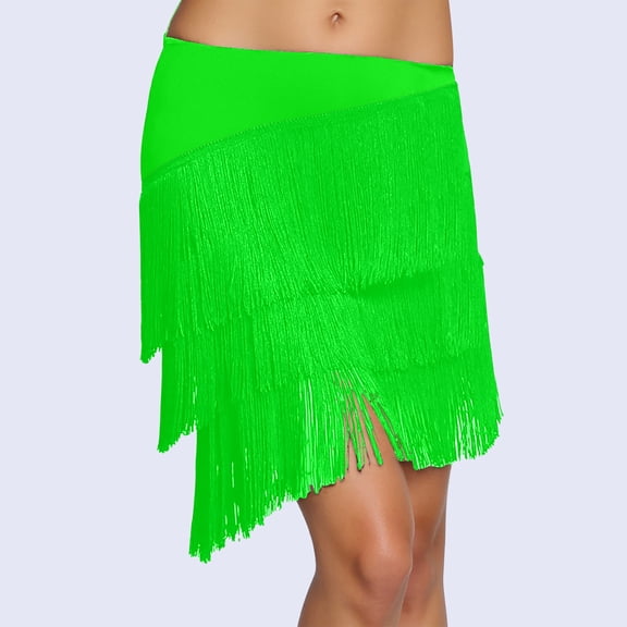 Letdown Women's Tassels Fringe Latin Dance Skirt 3 Tiered Tassel Elastic Waist Modern Ballroom Salsa Tango Samba Rumba Dancewear Ballroom (Green,M)