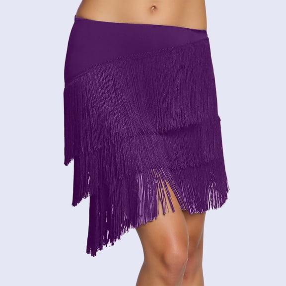 Letdown Women's Tassels Fringe Latin Dance Skirt 3 Tiered Tassel Elastic Waist Modern Ballroom Salsa Tango Samba Rumba Dancewear Ballroom (Purple,M)