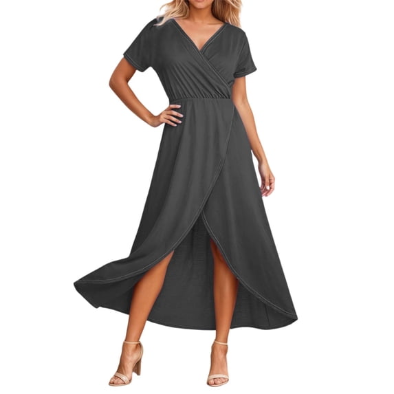 Letdown Women's V Neck Maxi Dress with Elastic Waist - Short Sleeve Flowy A-Line Casual Dress | Comfortable Long Summer Dress | Loose Fit Everyday & Beach Wear (Dark Gray,XL)