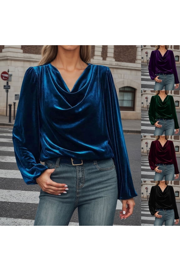 Women's Velvet T Shirts Casual Long Sleeve Solid Shirt Cowl Neck Drape Ruched Front Long Sleeve Blouses Tops (Blue,S)