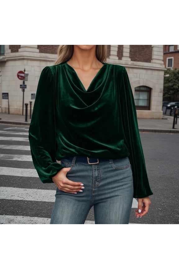 Women's Velvet T Shirts Casual Long Sleeve Solid Shirt Cowl Neck Drape Ruched Front Long Sleeve Blouses Tops (Dark Green,S)