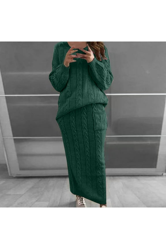 Women's Winter Cable Knit Long Skirt 2 Piece Outfit Sweater Sets Long Sleeve Crewneck Drop Shoulder Sweater Tops & Knit Skirts with Pockets (Green,XL)