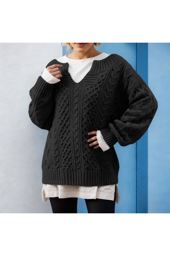 Women's Winter Oversized V Neck Long Sleeve Loose Cable Knit Sweater Pullover Solid Tops Drop Shoulder Casual Spring Fall (Black,L