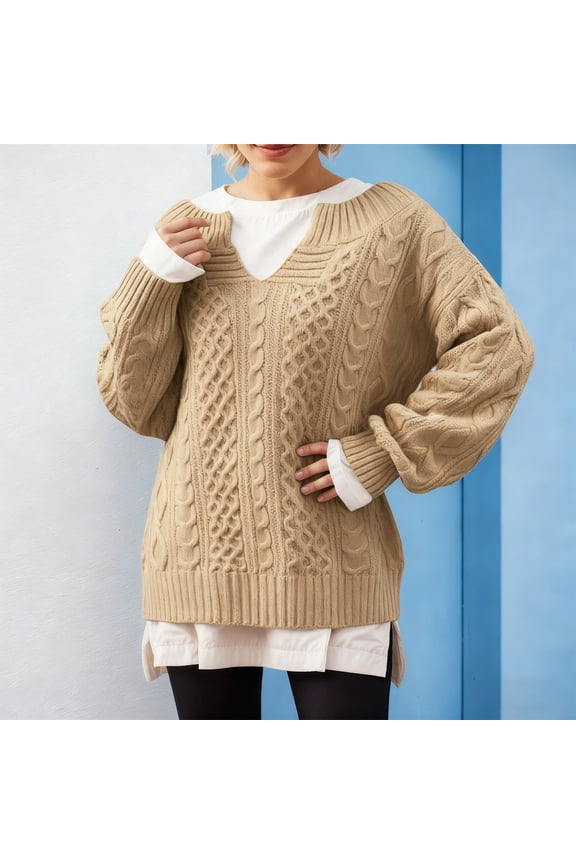 Women's Winter Oversized V Neck Long Sleeve Loose Cable Knit Sweater Pullover Solid Tops Drop Shoulder Casual Spring Fall (Gold,L