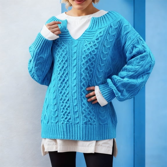 Letdown Women's Winter Oversized V Neck Long Sleeve Loose Cable Knit Sweater Pullover Solid Tops Drop Shoulder Casual Spring Fall (Sky Blue,L