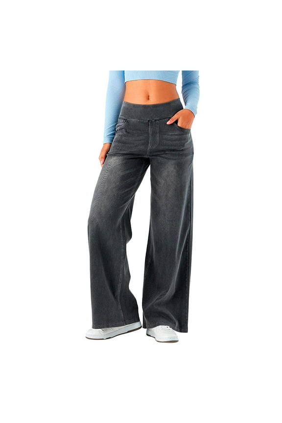 Womens Baggy Wide Leg Jeans High Waisted Pull On Straight Leg Stretchy Jeans Wide Elastic Waist Trousers Boyfriend Denim Pants