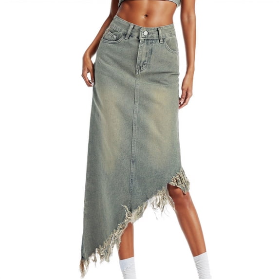 Letdown Womens Casual Slit Denim Midi Irregular Tassel Hem Jean Skirt High Waist Frayed Distressed Retro A-Line Long Jean Skirts