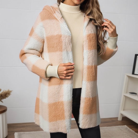 Letdown Womens Checkered Sherpa Jacket Plaid Long Sleeve Hoodies Coats Gingham Outwear with Pockets Loose Fit Winter warm Coat (Orange,XXL)