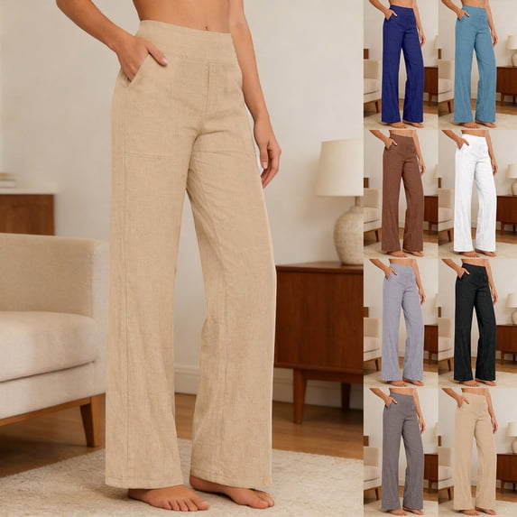 Letdown Womens Linen Wide Leg Work Pants Business Casual Outfits High Waisted Dress Pants Office Slacks Trousers with Pockets Travel Vacation Outfits