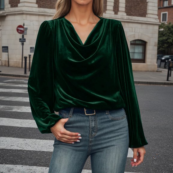 Letdown Womens Long Sleeve Velvet Tops Collared Cross Wrap V Neck Ruched Trendy Dressy Casual Shirts Blouses Loose Casual Blouses Shirts (Dark Green,XL)