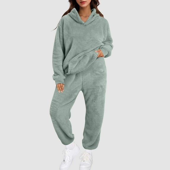 Letdown Womens Lounge Set Cute Long Sleeve Hooded Pullover Pajama Sets Casual 2 Piece Pj Elastic Bottom Outfit Fall Winter Warm Sleepwear Pockets #01-Green Pajamas for Women Set,M