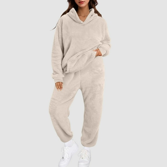 Letdown Womens Lounge Set Cute Long Sleeve Hooded Pullover Pajama Sets Casual 2 Piece Pj Elastic Bottom Outfit Fall Winter Warm Sleepwear Pockets #01-Beige Pajamas for Women Set,L