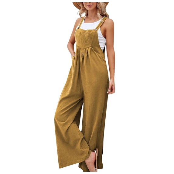 Letdown Womens Overalls Loose Fit Cotton Linen Bib Overall Wide Leg Jumpsuit Rompers with Pockets