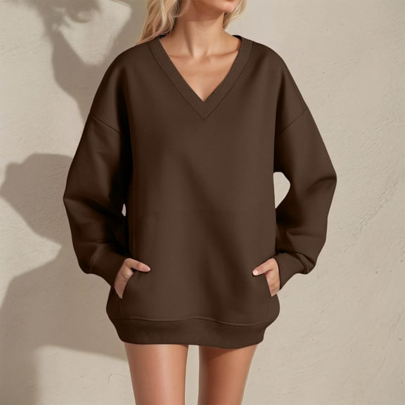 Letdown Womens Oversized Long Sleeve Sweatshirt Cinch Waist Workout Tops Fall Fashion Plus Size Gym V Neck Basic Y2k Tees (Coffee,L)