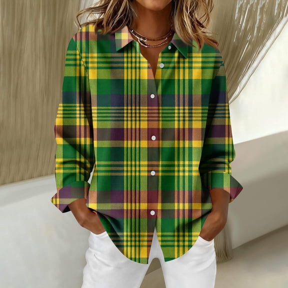 Letdown Womens Plaid Shirts Button Down Long Sleeve Shirts Lightweight Shackets Business Casual Blouse (#04-Light Green,S)