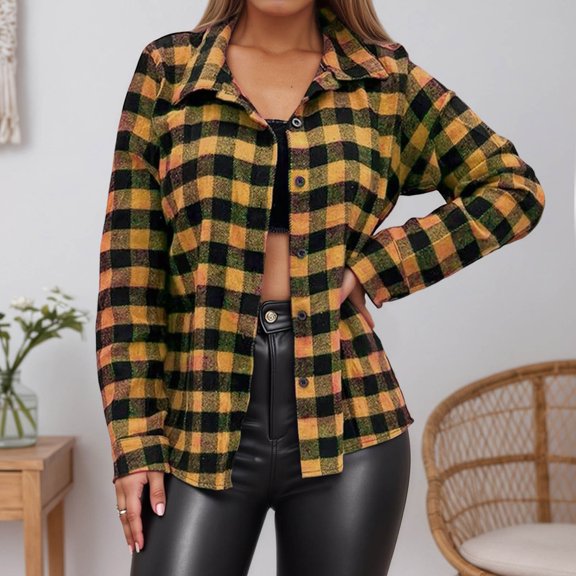 Letdown Womens Plaid Shirts Lightweight Flannel Roll Up Long Sleeve Collared Button Down Blouse Loose Fit Fall Tops Casual Outwear (Orange,M)