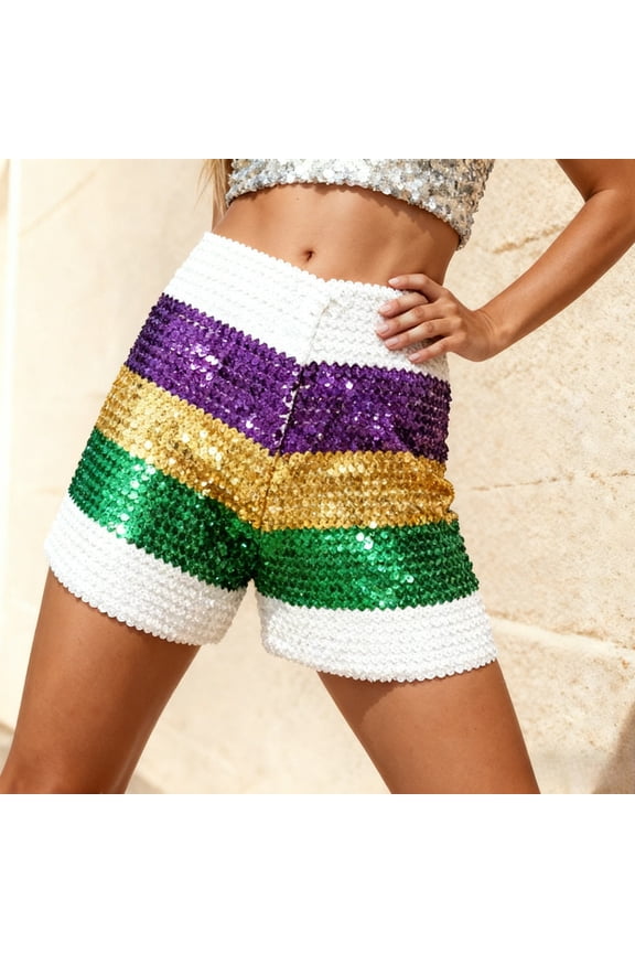 Womens Sequin Mini Shorts, Y2K Going Out Low Rise Micro Shorts, Bottoms Concert Rave Outfits (White-d, L)