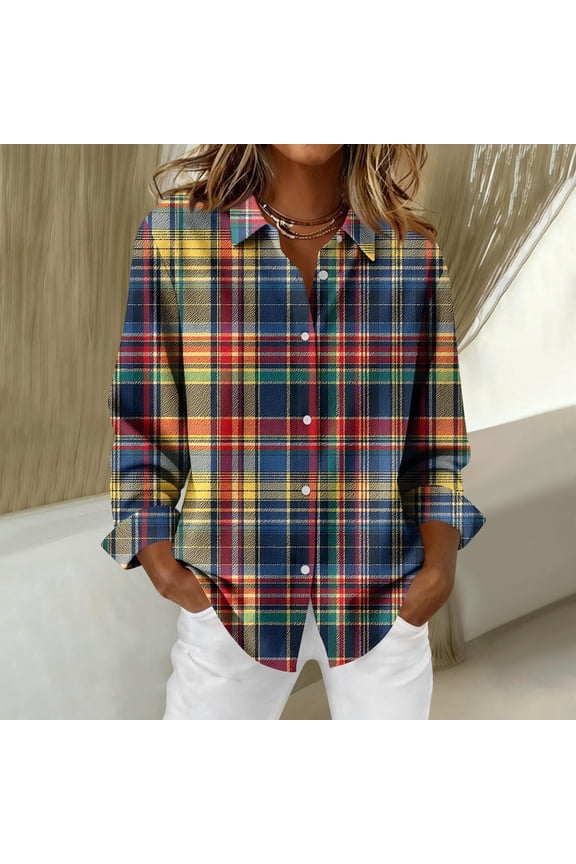 Womens Shirts Long Sleeve Button Down Plaid Shirt Roll Up Oversize Checkered Blouse Top Spring Fall Clothes (#01-Blue,L)