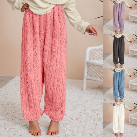 Letdown Womens Solid Fluffy Pajama Pants Fuzzy Cozy Lounge Pants with Pockets Winter Warm Pj Bottoms (Watermelon Red-002,One Size)