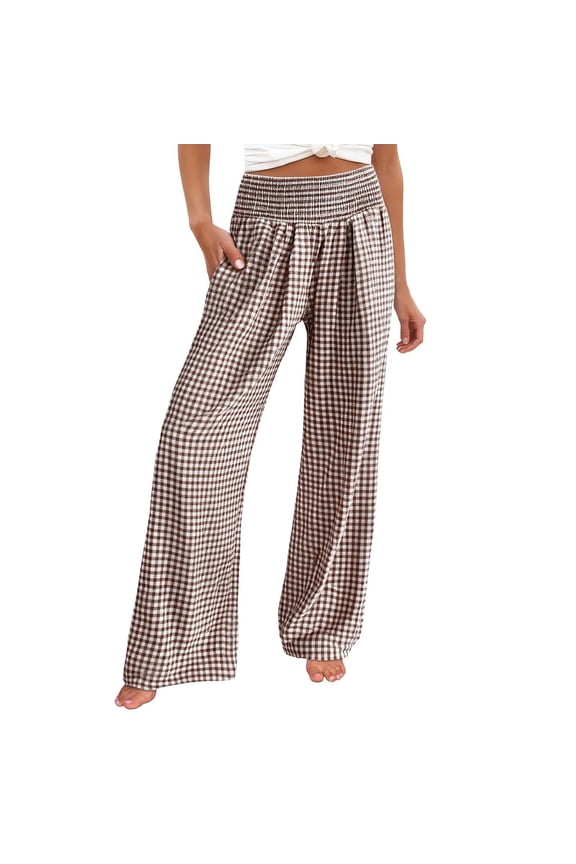 Womens Striped Gingham Palazzo Pants Wide Leg High Waisted Lounge Pajama Pants Cute Casual Trousers with Pockets