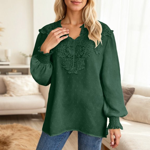 Letdown Womens Tops V Neck Boho Long Sleeve Shirts Swiss Dot Chiffon Blouses Flowy Lace Crochet Clothing Casual Trendy Embroidered Blouses (Dark Green,L