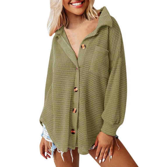 Letdown Womens Waffle Knit Shacket Jacket Casual Long Sleeve Button Down Shirts Dressy Blouses Tops Boyfriend Blouses with Pockets Loose Fit