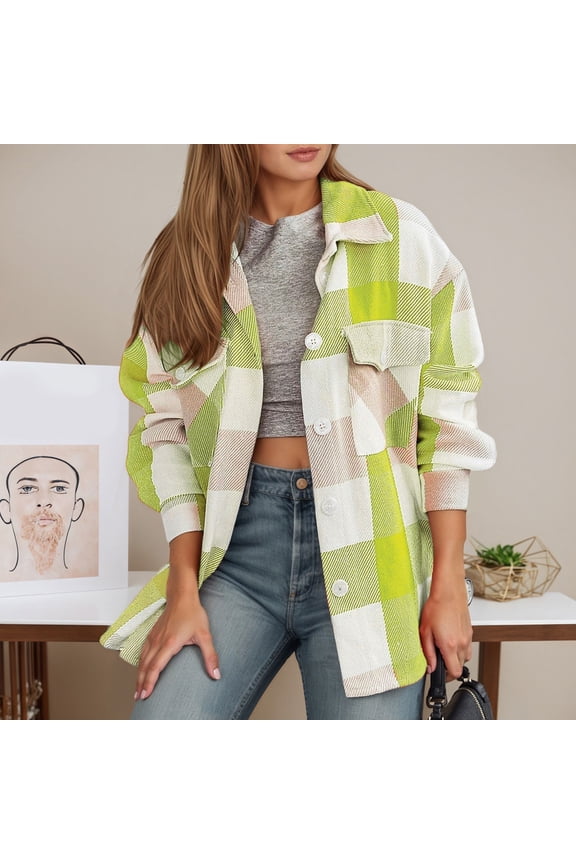 Womens Woolen Cloth Buffalo Plaid Flannel Shirt Long Sleeve Collar Button Down Blouses Loose Lightweight Tops with Pockets (Light Green,S)