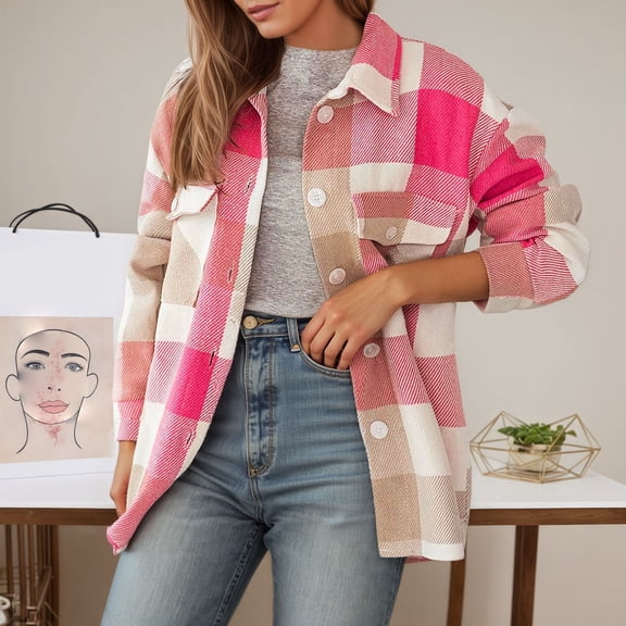 Letdown Womens Woolen Cloth Buffalo Plaid Flannel Shirt Long Sleeve Collar Button Down Blouses Loose Lightweight Tops with Pockets (Pink,L)