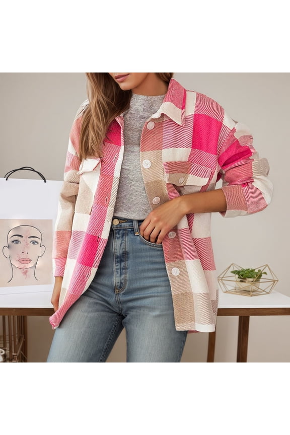 Womens Woolen Cloth Buffalo Plaid Flannel Shirt Long Sleeve Collar Button Down Blouses Loose Lightweight Tops with Pockets (Pink,S)
