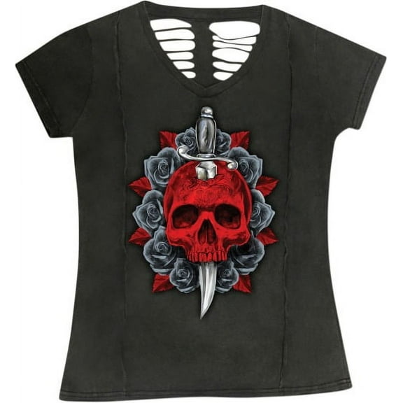 Lethal Threat Red Dagger Skull Womens Short Sleeve T-Shirt Gray SM