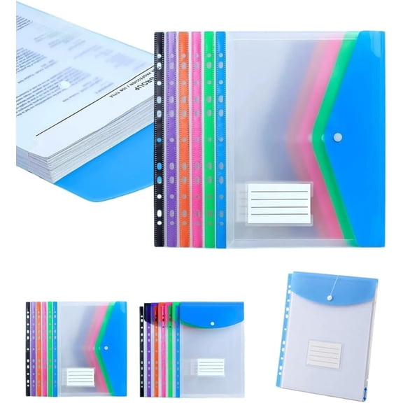 Lethargic 11-Hole Expanding File Pockets Assorted Colors, PP Binder File Sleeves, 12.21 x 9.65 x 0.2 in Document Pockets for 2, 3, 4-Ring Binders School Home Office (6pcs-a)