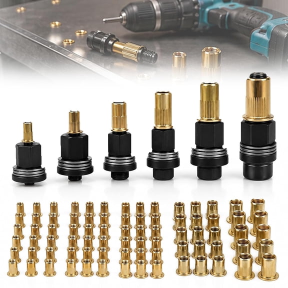 Lethargic 77 PCS Carbon Steel Rivet Nut Tool Set, M3-M12 Metric Mandrels, 70 Rivet Nuts, Drill and Wrench Compatible