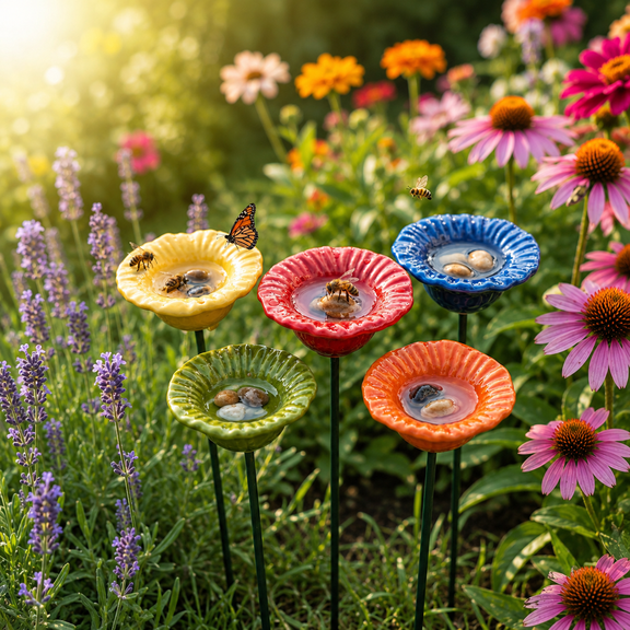 Lethargic Ceramic Outdoor Bird Bath with Flower and Bee Theme