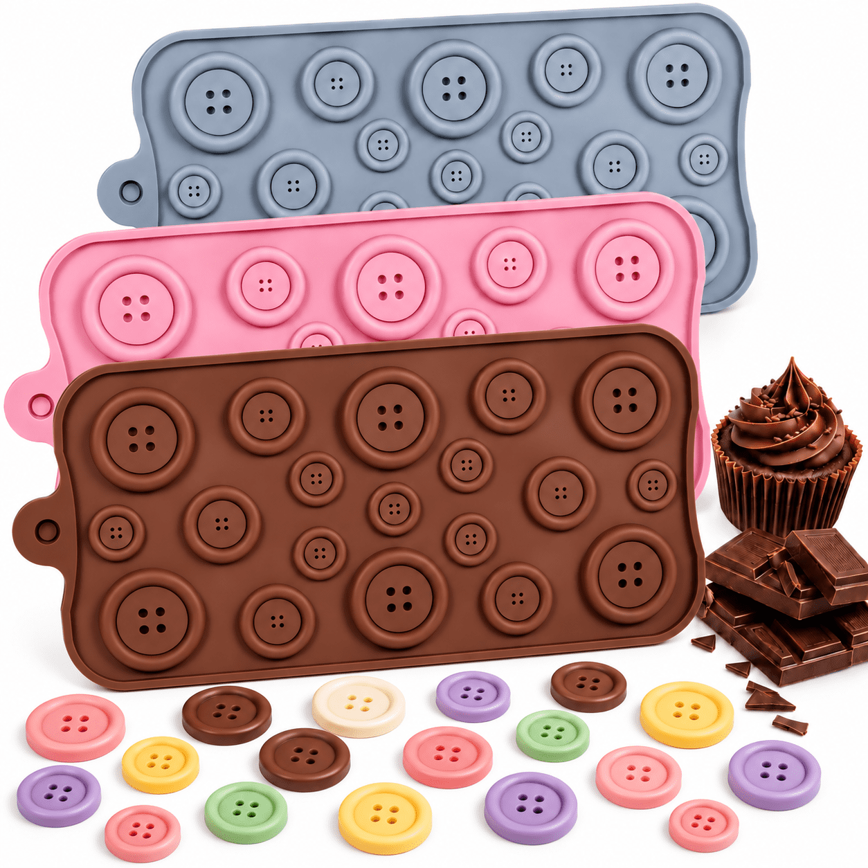 Lethargic Button Chocolate Mold, 19-Cavity Button Silicone Mold in 3 ...