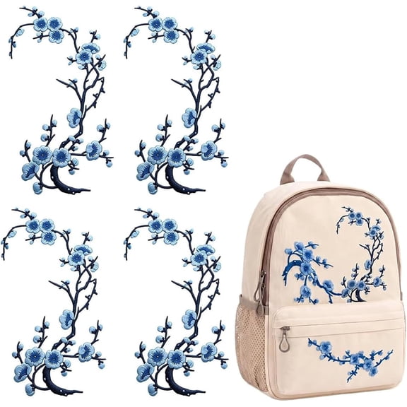 Lethargic Cherry Blossom Iron On Patches, 4-Piece 14.17 x 5.51 in Embroidered Floral Appliques for Clothing, Bags and DIY Crafts