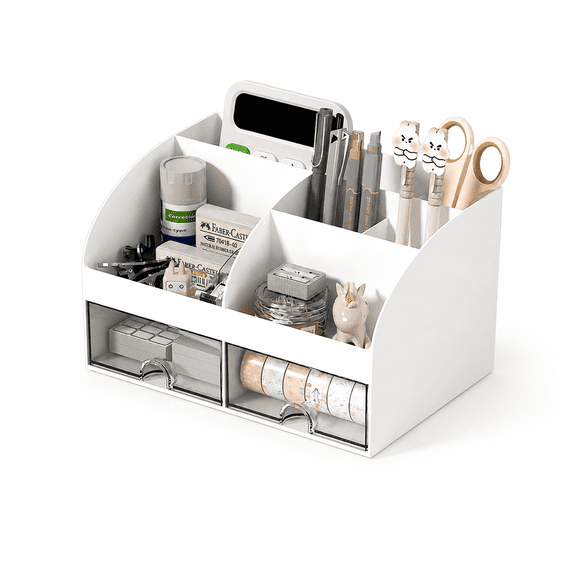 Lethargic Desk Organizer with 6 Compartments and 2 Drawers, 8.31 x 5.59 x 4.72 in Desktop Storage Holder for Office Supplies and Makeup